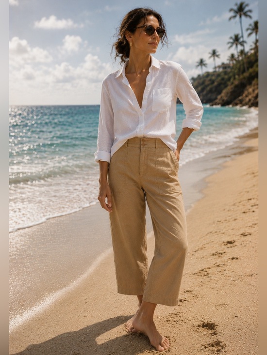 Lauren Ralph Lauren Pants - LAUREN RALPH LAUREN Black label 100% Linen Wide Leg Tan Cropped Pants Sz 8